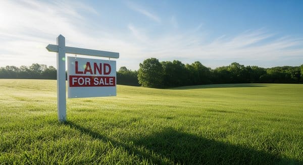 Land For Sale sign in an open green field, illustrating a secret trust over land in a property transfer