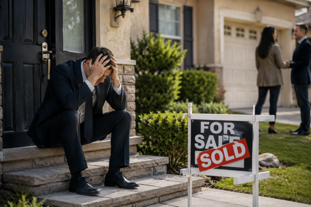 A buyer sitting on steps upset in front of a sold sign