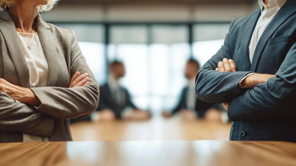 Two business people arms crossed standing way from one another