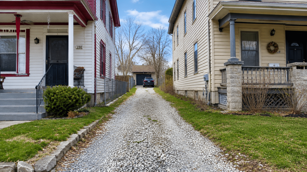 Narrow gravel laneway between two older homes, illustrating a right of way easement dispute over vehicular access.
